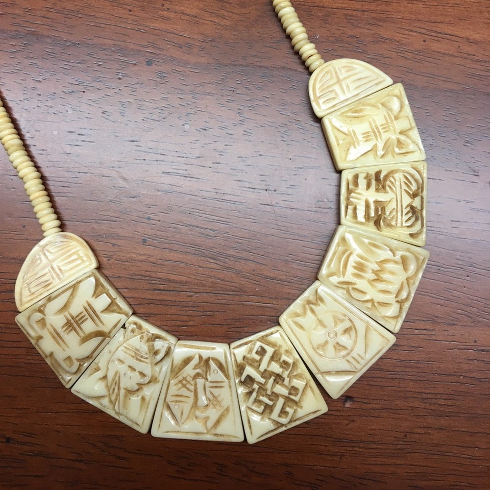 Vintage Carved Bone Panel Necklace